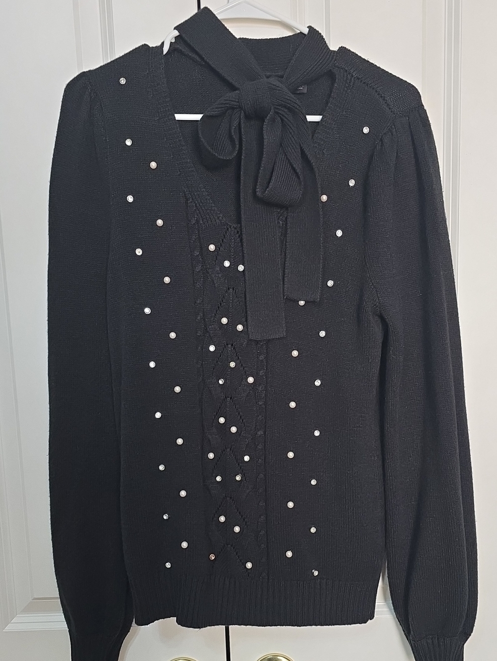 Black Pearl-Embellished Tie-Neck Sweater Top
